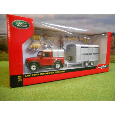 BRITAINS 1:32 RED LANDROVER DEFENDER IFOR WILL!AMS TRAILER & SHEEP SET